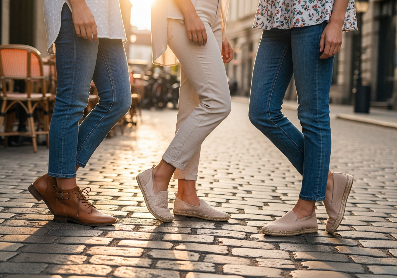 Trzy osoby od pasa w dół: sandały, espadryle i botki na brukowanej ulicy przy kawiarni
