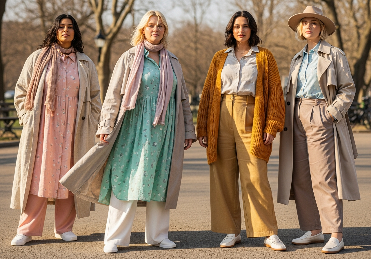 Trzy kobiety plus size w luźnych wiosennych stylizacjach w parku