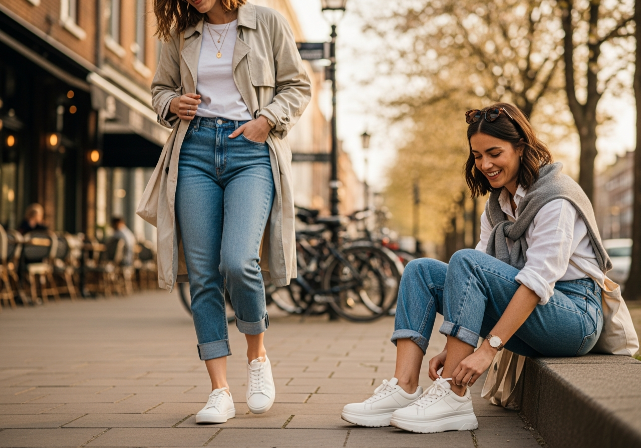 Buty i dżinsy dwóch osób na chodniku; jedna idzie, druga wiąże sznurówkę.