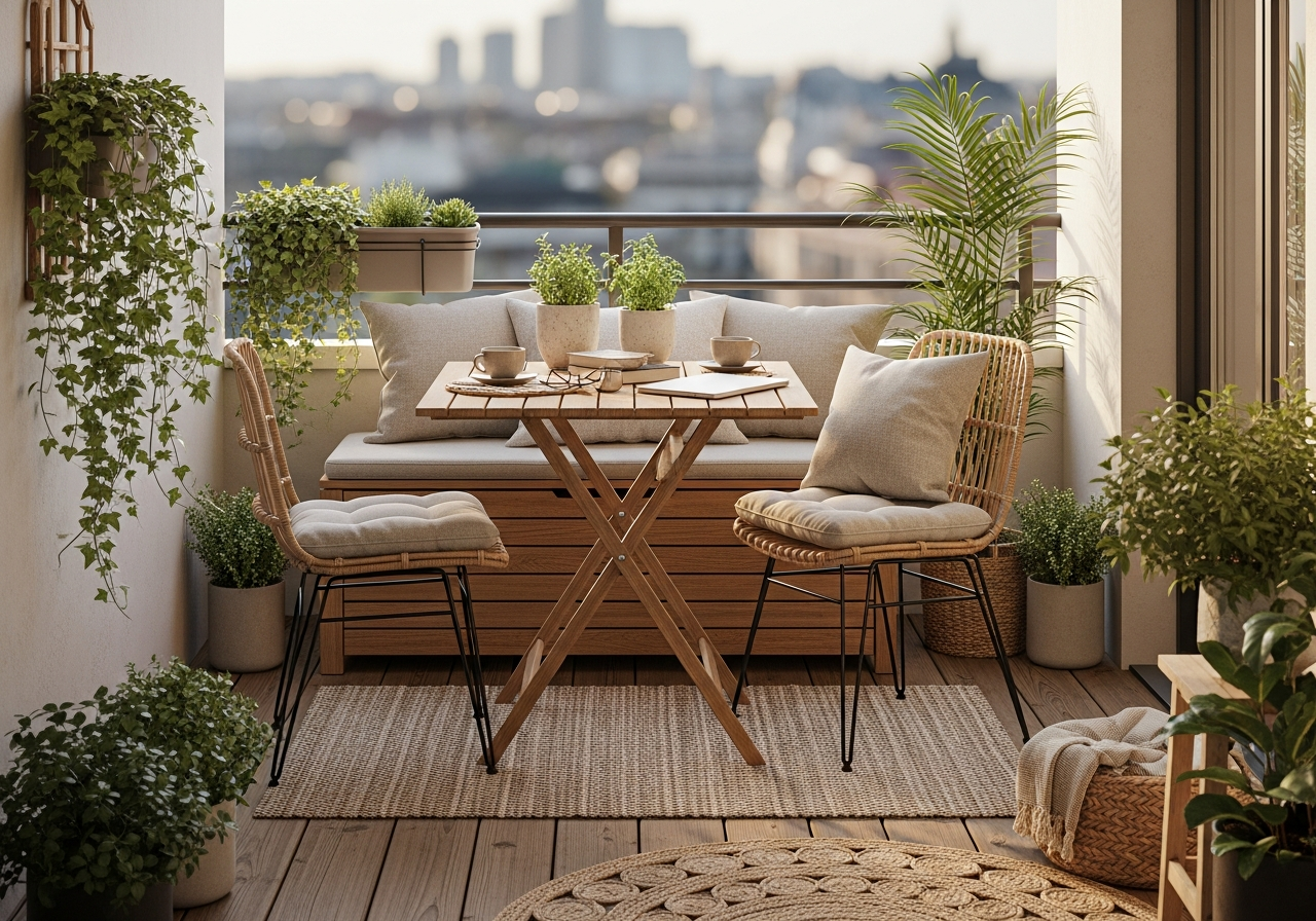 Mały balkon z rozkładanym drewnianym stołem, dwiema rattanowymi krzesłami, ławką i roślinami.