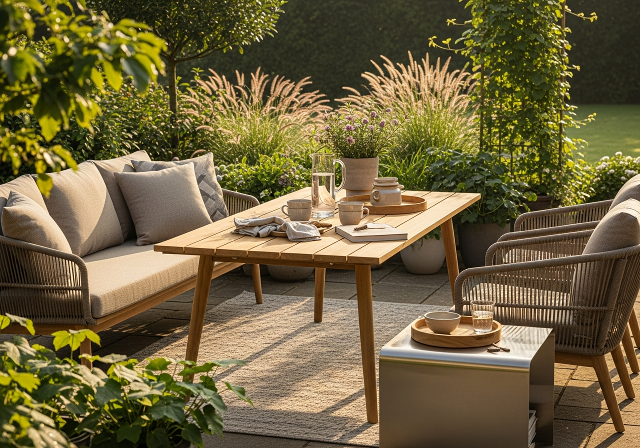 Teakowy stół jadalniany na kamiennym patio z rattanową sofą i krzesłami