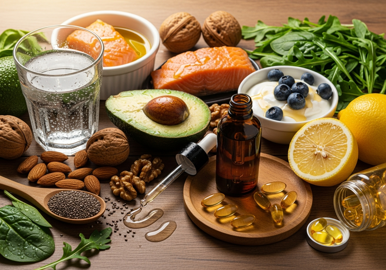 Produkty i suplementy nawilżające skórę: woda, łosoś, awokado, orzechy, jogurt, szpinak, serum HA, omega‑3, wit. E