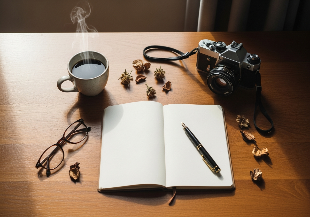 Kubek parującej kawy, aparat analogowy, otwarty notes z piórem i okulary na drewnianym biurku