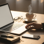 Ręka sięga do laptopa na drewnianym biurku obok kawy, notesu, okularów i telefonu