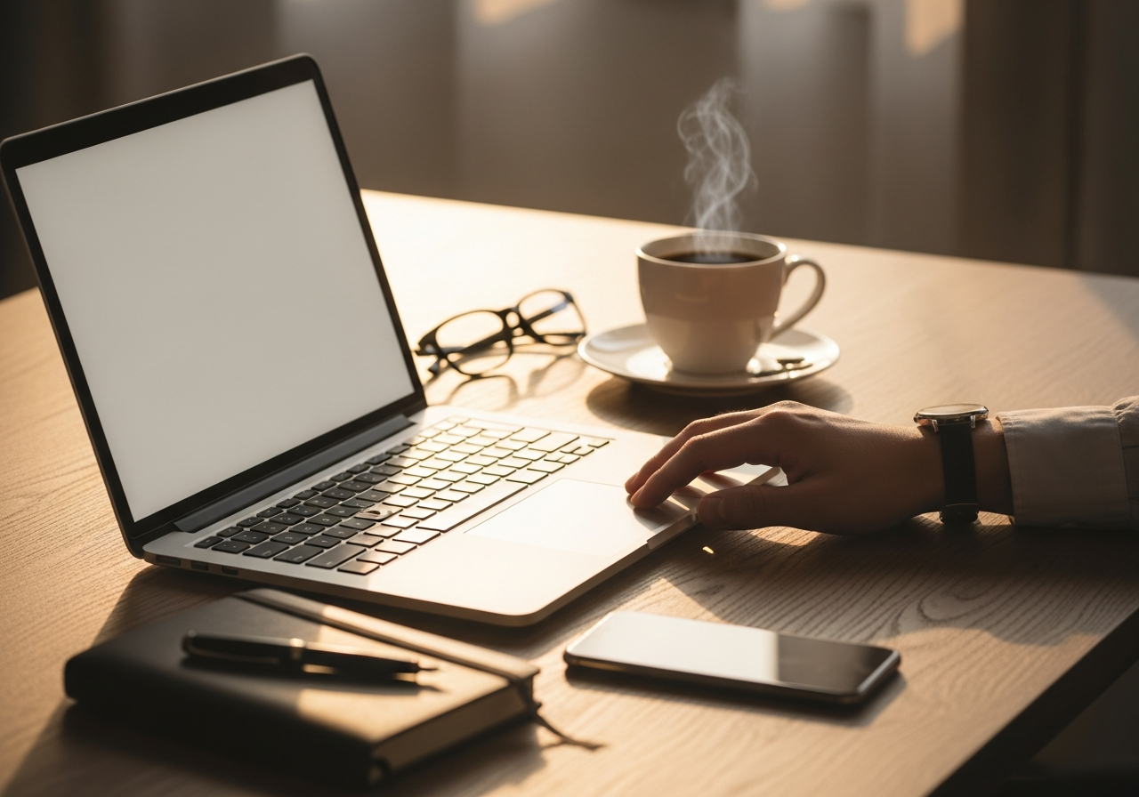 Ręka sięga do laptopa na drewnianym biurku obok kawy, notesu, okularów i telefonu