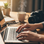 Ręce piszące na laptopie przy biurku z aparatem, kubkiem kawy i notesem