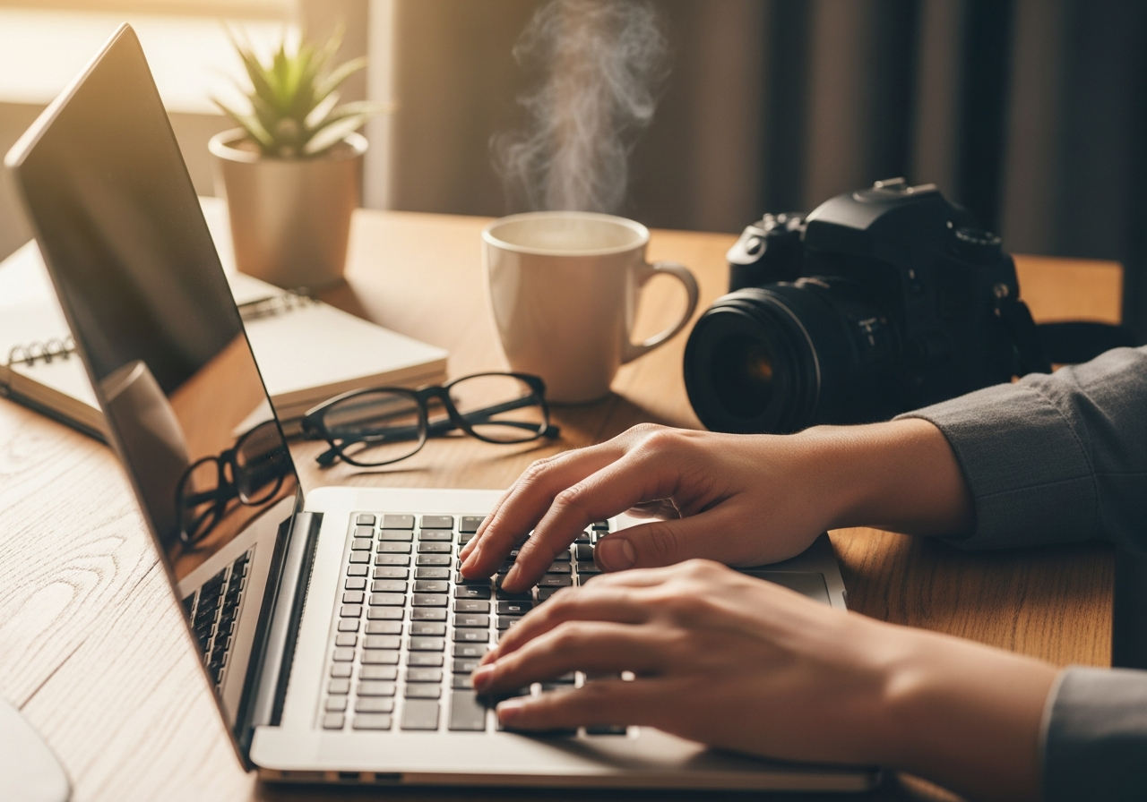 Ręce piszące na laptopie przy biurku z aparatem, kubkiem kawy i notesem