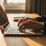 Dłonie pisarza piszą na klawiaturze laptopa przy oknie