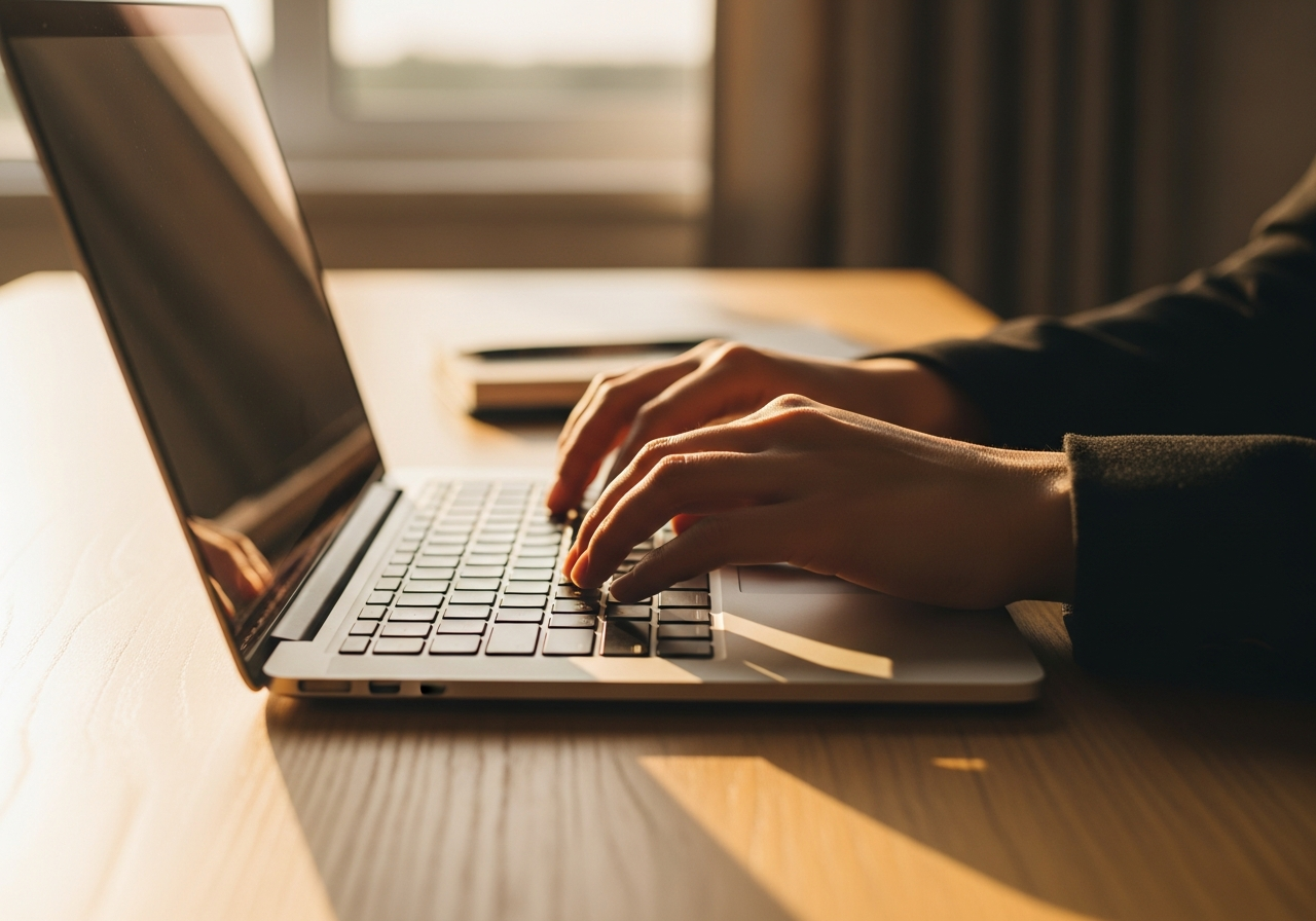 Dłonie pisarza piszą na klawiaturze laptopa przy oknie