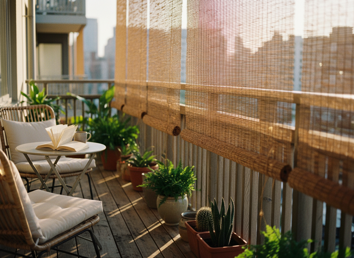 Balkon z bambusową roletą, drewnianą balustradą i doniczkami z paprociami i sukulentami.