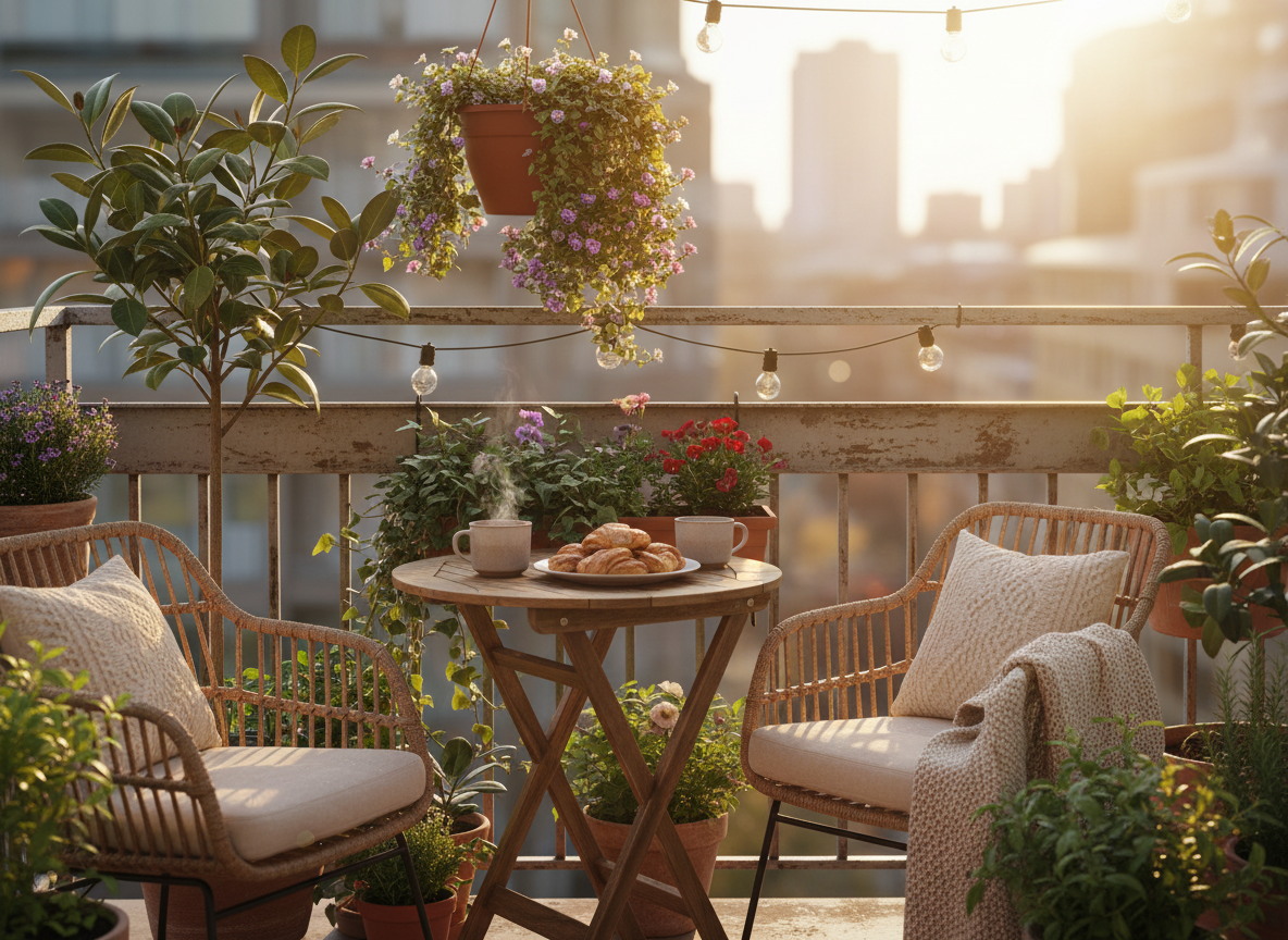 Balkon ze stolikiem, kubkiem, wypiekami, roślinami i panoramą miasta