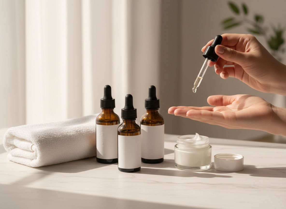 Pipeta z kroplą nad grzbietem dłoni, obok trzy bursztynowe butelki serum i otwarty słoiczek kremu na marmurowym blacie