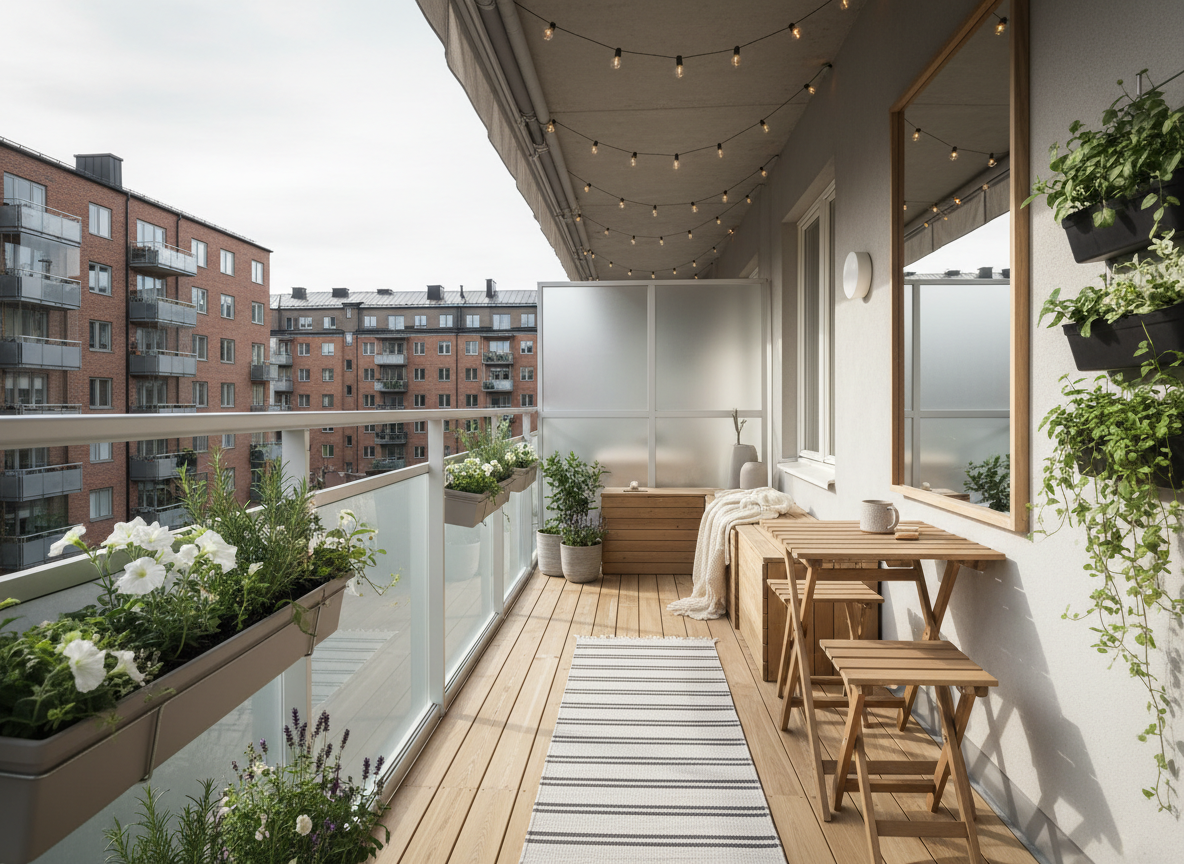 Wąski balkon ze szklaną balustradą, lustrem, roślinami i składanym stolikiem