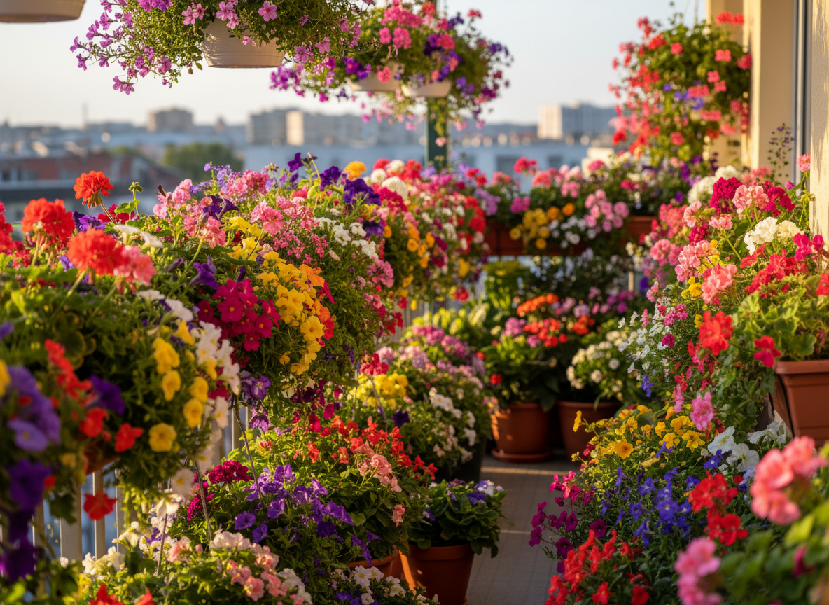 Balkon wypełniony donicami i skrzynkami z pelargoniami, petuniami, begoniami, calibrachoą i lobelią.