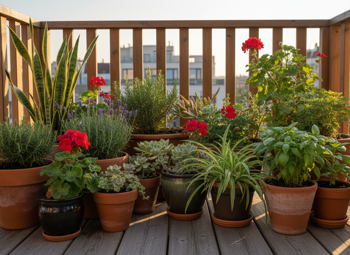 Balkon miejski z doniczkami pelargonii, lawendy, rozmarynu, sukulentów, sansewierii, zielistki i bazylii