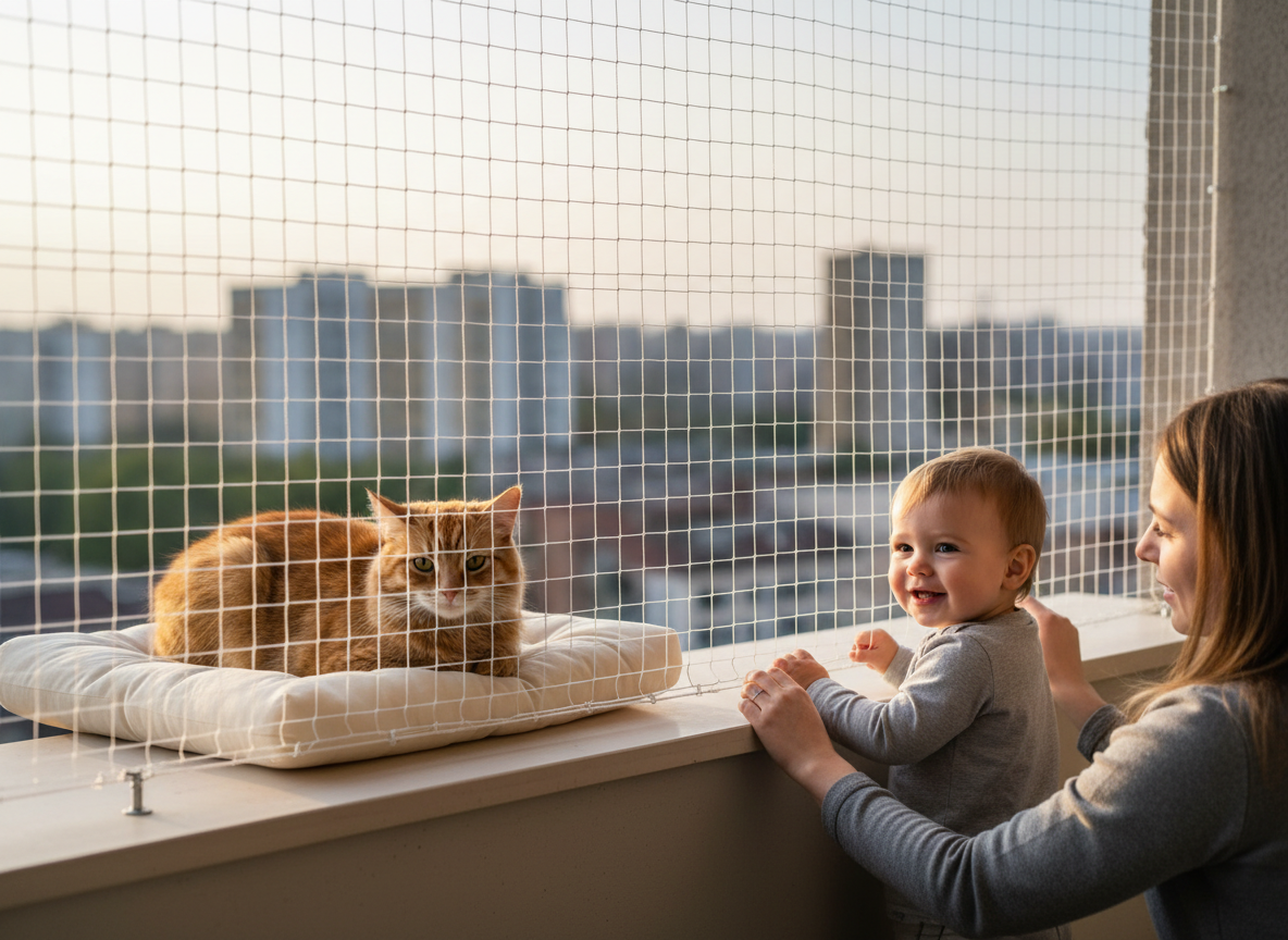 Dziecko trzyma się siatki zabezpieczającej balkon, obok kot na poduszce, rodzic mocuje siatkę.