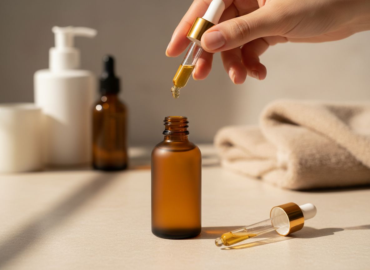 Kroplomierz serum retinolowego z kroplą zawieszoną nad grzbietem dłoni