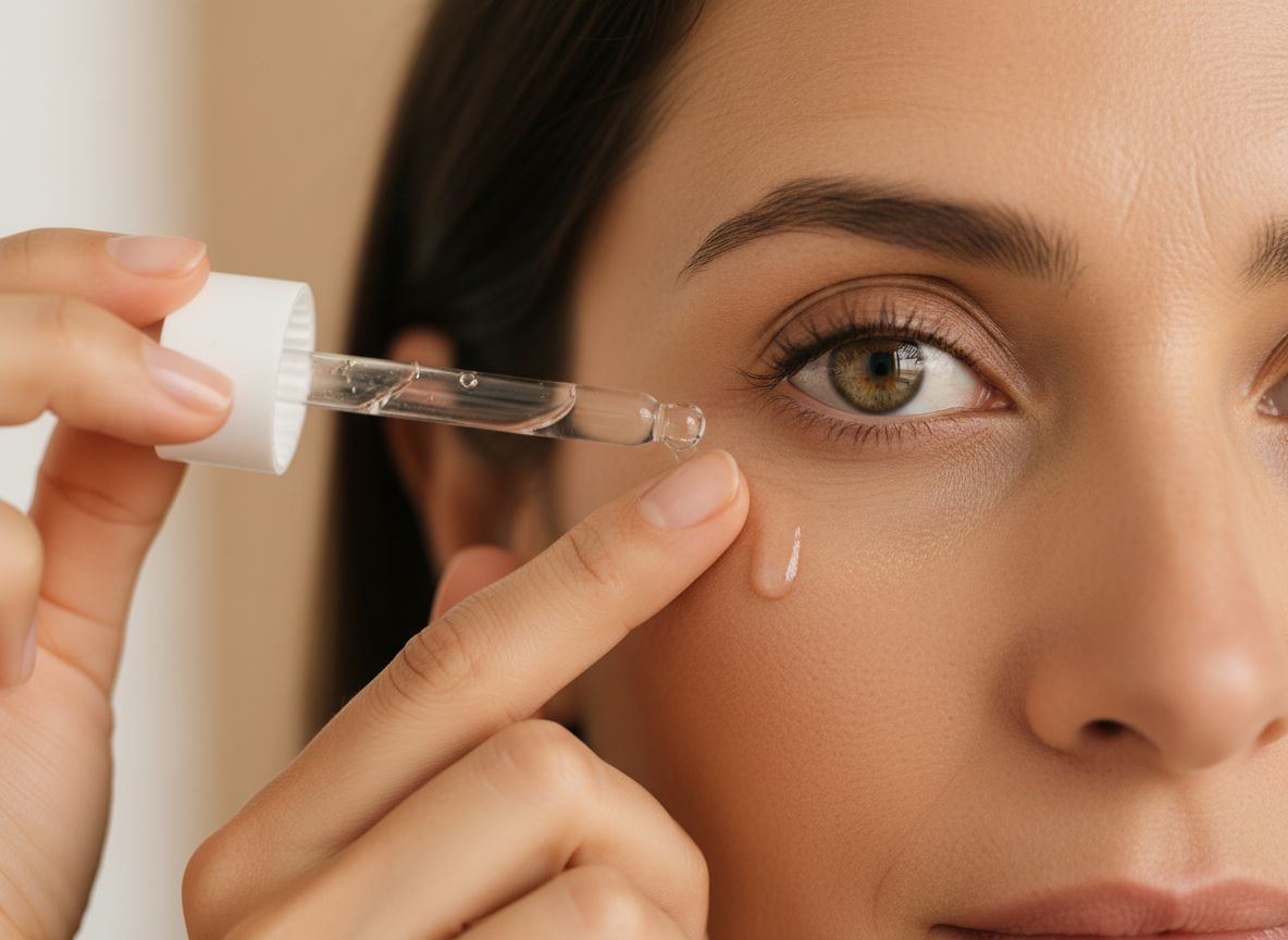 Kobieta nakłada serum retinolowe pod oko pipetką, dotykając palcem dolnej powieki