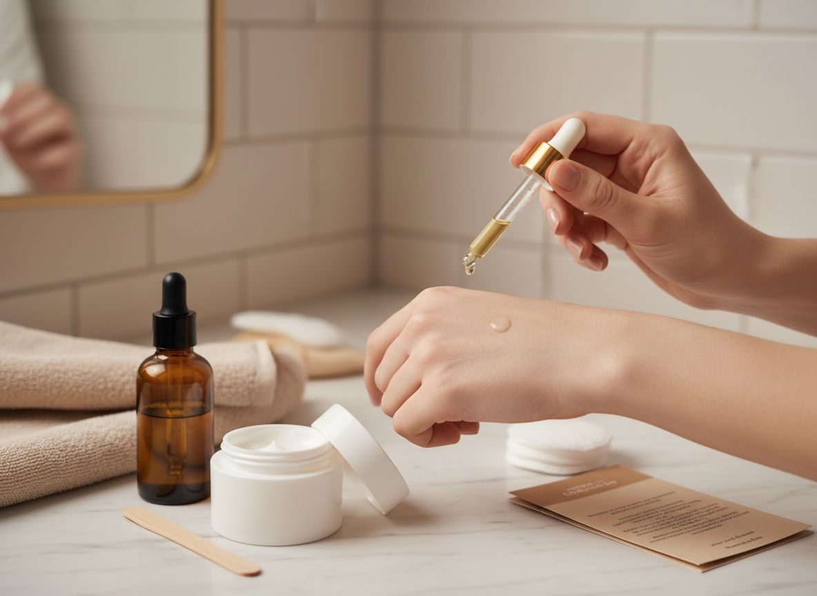 Ręka nakłada kroplę serum z retinolem na grzbiet innej dłoni obok otwartego kremu i pipety