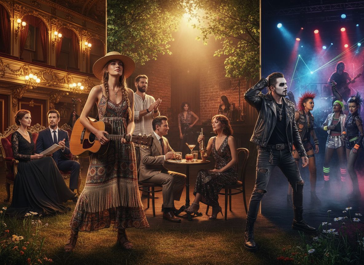 Grupa osób reprezentujących różne gatunki muzyczne i sceniczne stylizacje