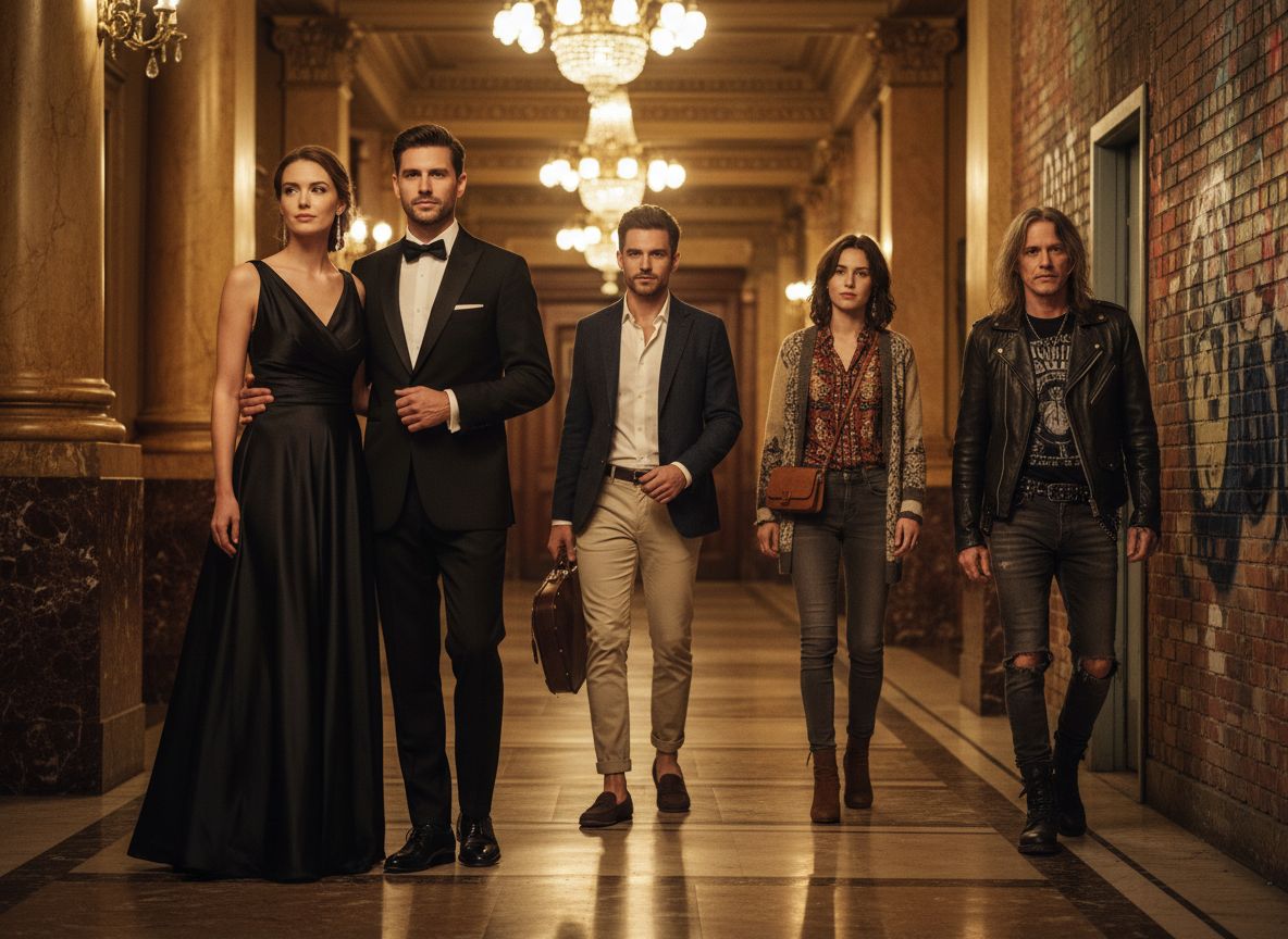 Pięcioro widzów w foyer: suknia, smoking, smart casual, vintage indie i rock