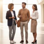 Trzy osoby w strojach business casual rozmawiają w holu biurowym