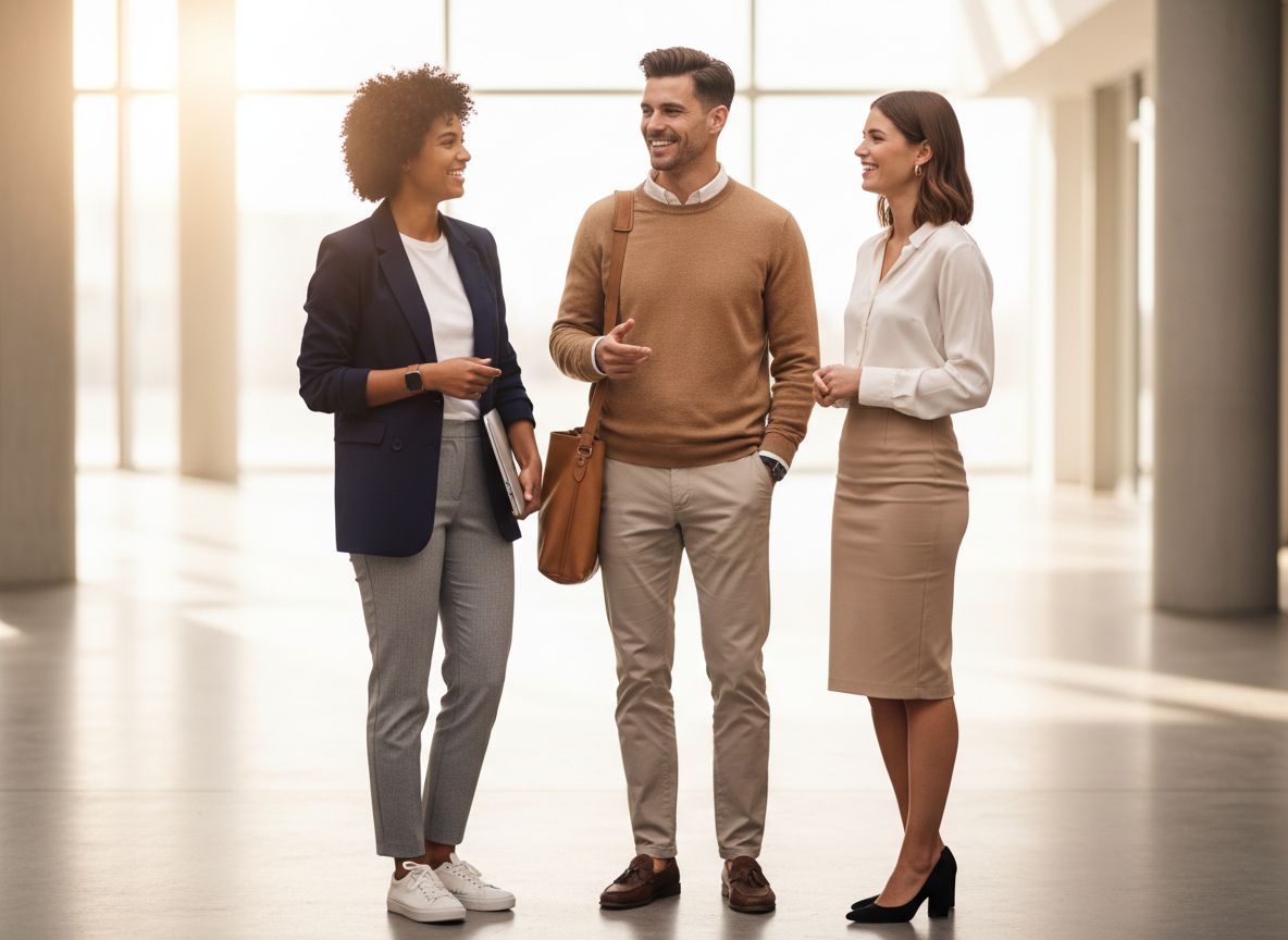 Trzy osoby w strojach business casual rozmawiają w holu biurowym