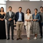 Sześć osób prezentujących kody ubioru: formalny, biznesowy, smart casual, koktajlowy, półformalny i casual